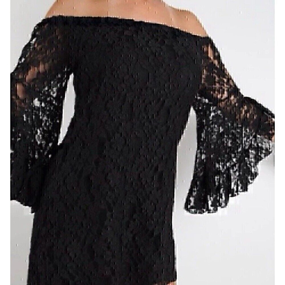 Elan Floral Lace Off the Shoulder Black Romantic Flare Sleeve Mini Dress Sz. L